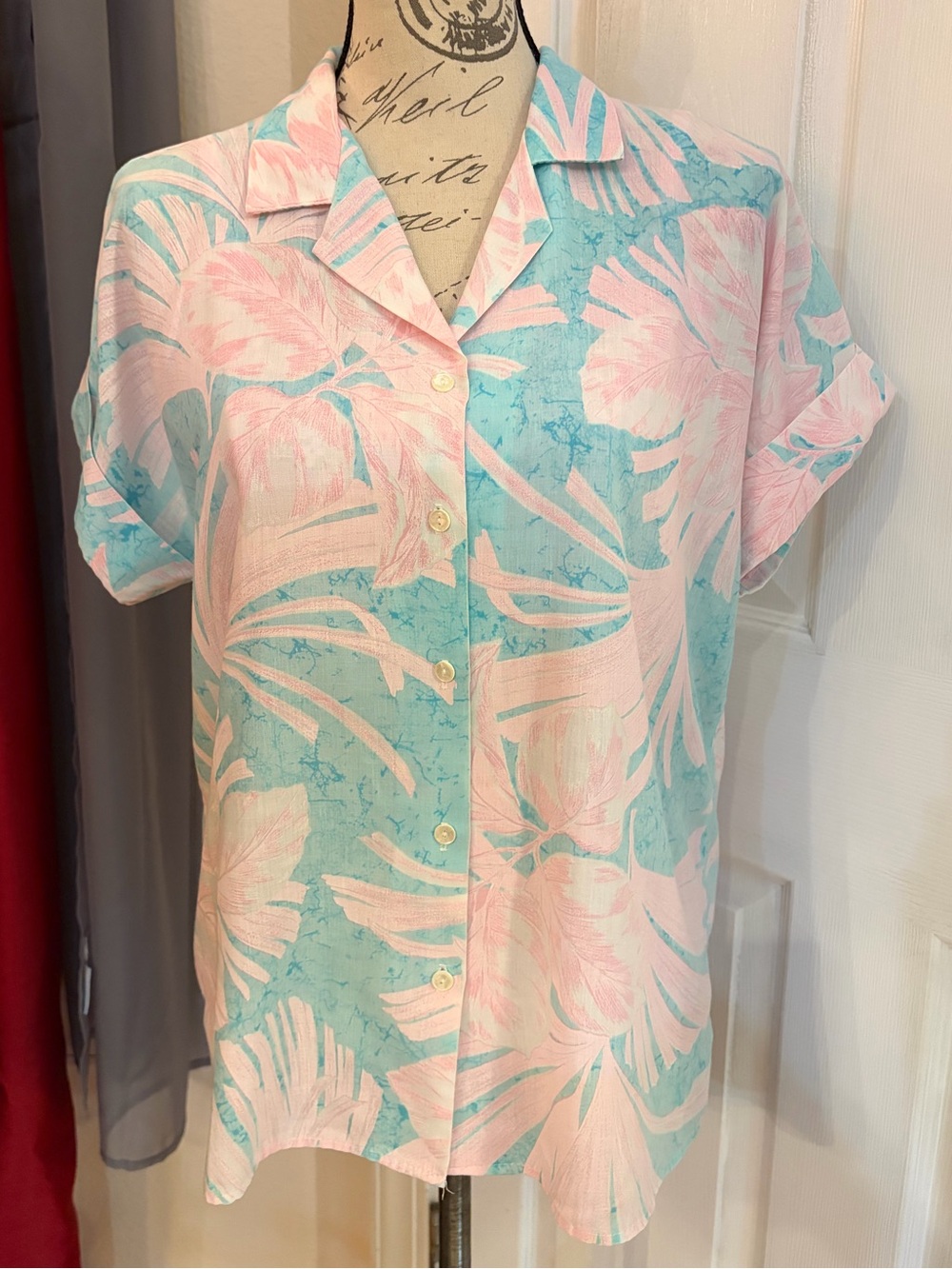 Vintage Giovelli Short Sleeve Button-Up Tropical Shirt - Pink & Aqua